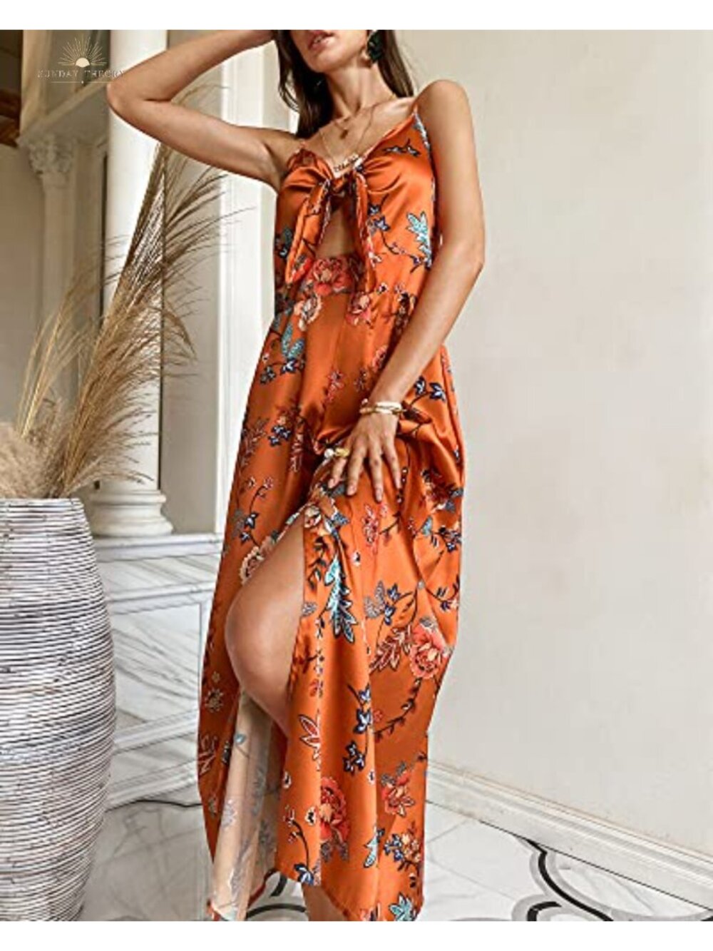 Women Satin Midi Dress Spaghetti Strap Tie Front Slit Cutout Cocktail - Picture 3 of 6